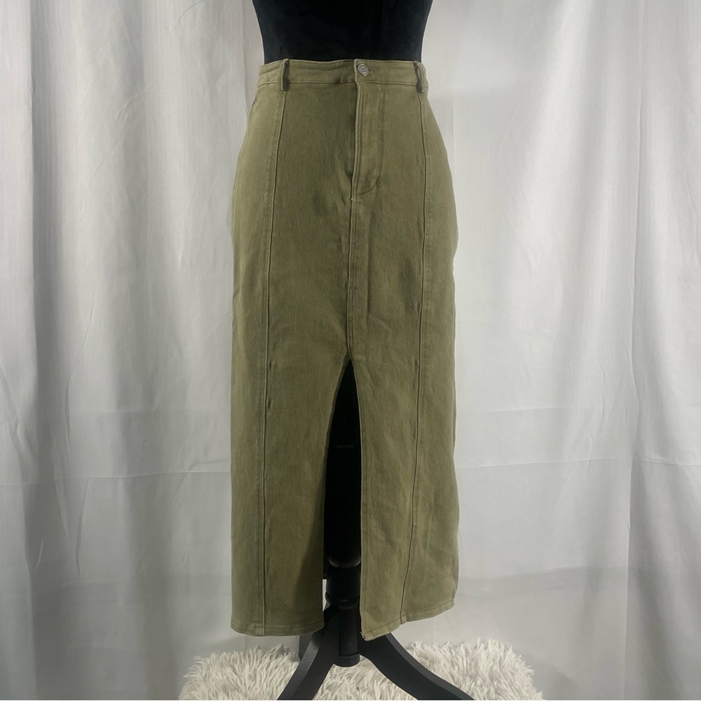 Edit by nine olive,army green stretch denim midi skirt with front slit,Large